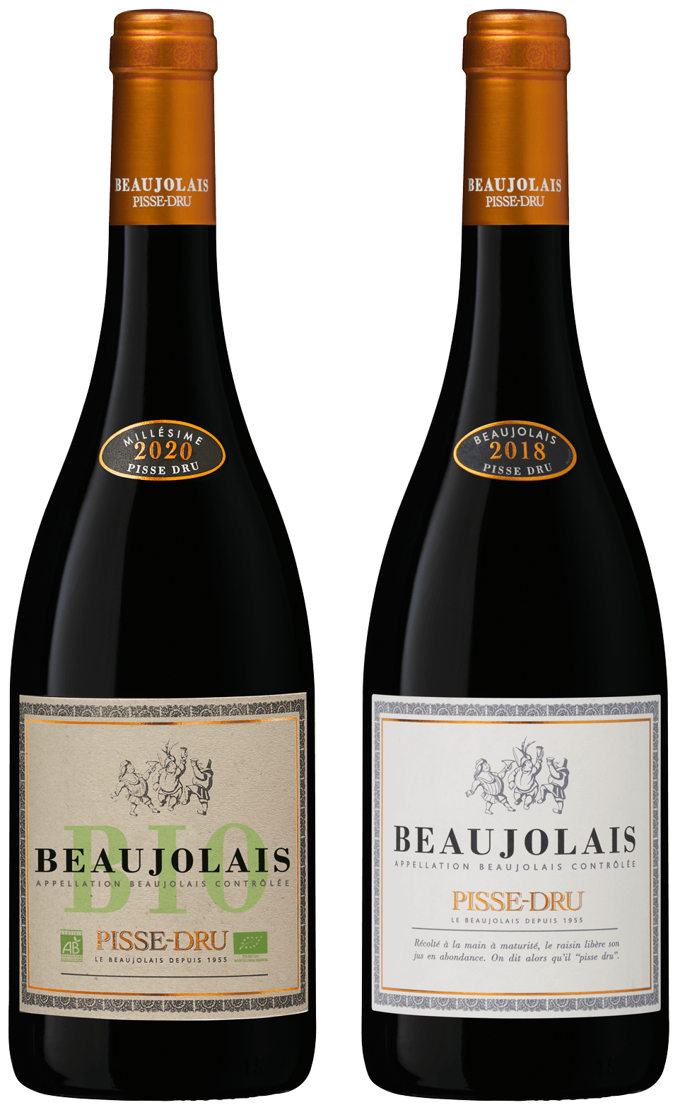 Packshot de bouteilles de Beaujolais et Beaujolais Bio Pisse-Dru