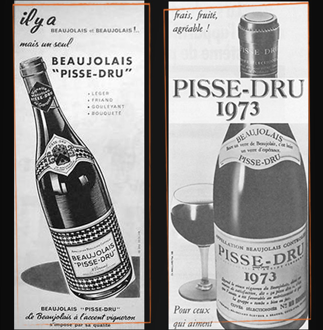 Affiche publicitaire datant de 1973 pour le Beaujolais Pisse-Dru